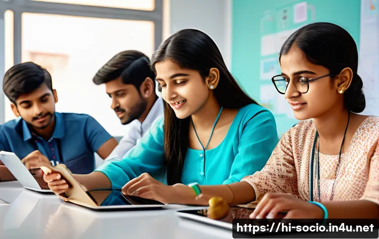 미래사회학과 AI 윤리 - A vibrant digital classroom scene in India, showcasing a diverse group of Hindi-speaking students ac...