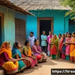 사회적 배제와 포용 정책 - A vibrant community scene in an Indian village, showing diverse families of different castes and eco...
