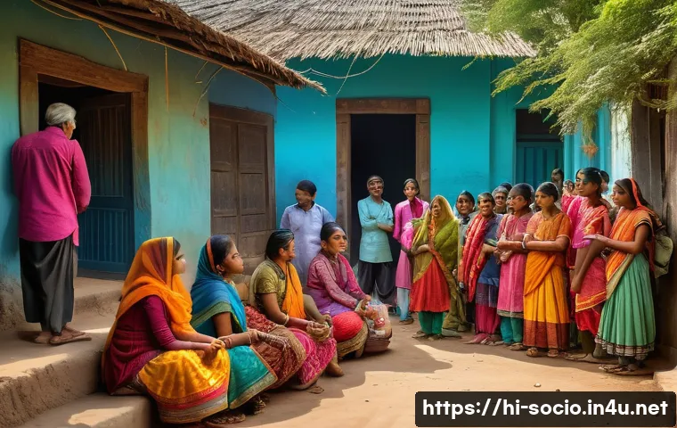 사회적 배제와 포용 정책 - A vibrant community scene in an Indian village, showing diverse families of different castes and eco...