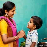 페미니즘과 사회적 변화 - A detailed, vibrant family scene in a contemporary Indian home showing a modern family with a woman ...