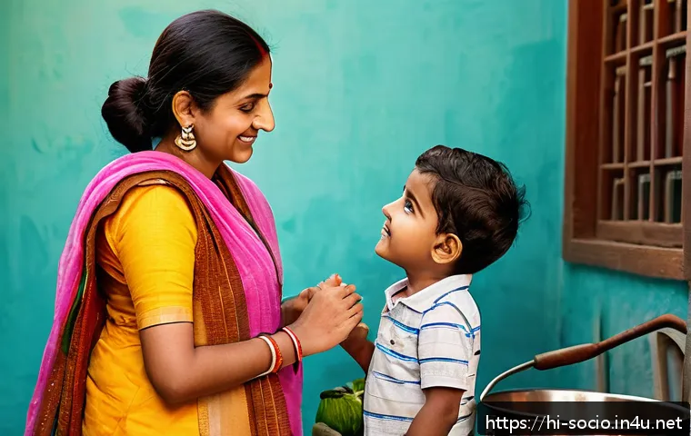 페미니즘과 사회적 변화 - A detailed, vibrant family scene in a contemporary Indian home showing a modern family with a woman ...