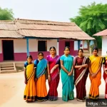 사회적 제도와 법률 변화 - A vibrant rural Indian village scene showcasing modern educational and healthcare facilities, with c...