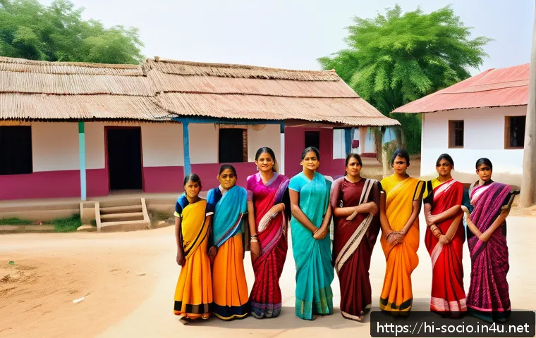 사회적 제도와 법률 변화 - A vibrant rural Indian village scene showcasing modern educational and healthcare facilities, with c...