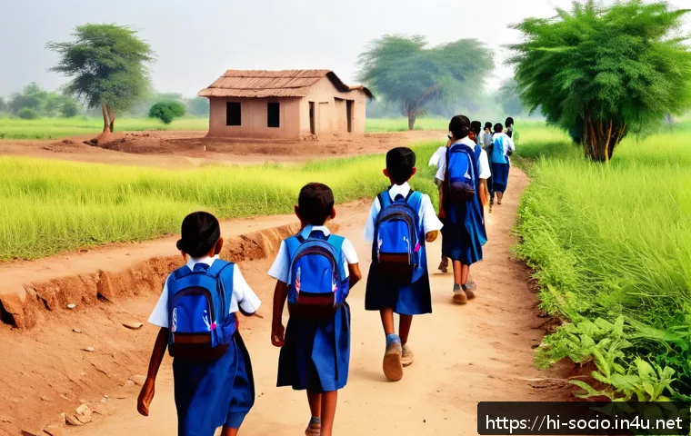 사회적 이동성과 교육격차 - A rural Indian village school scene depicting children of diverse ages, wearing modest school unifor...