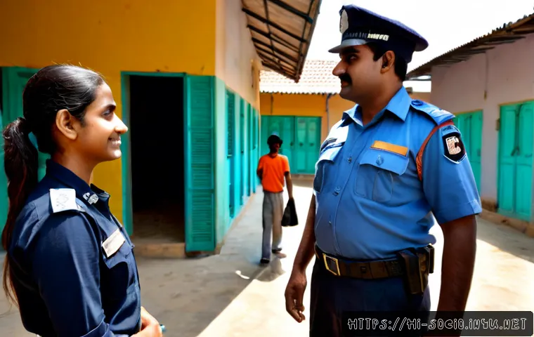 Home 15 사회적 범죄 예방과 복지 정책 - Photorealistic community safety and welfare scene in an Indian urban neighborhood, a friendly female...